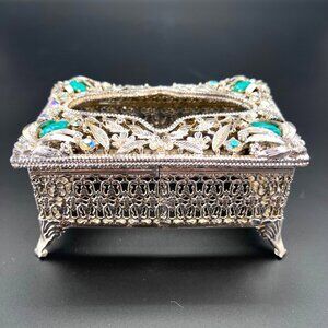Vintage Sam Fink Ornate Silver Vanity Tissue Box Gemstones Floral Rhinestones